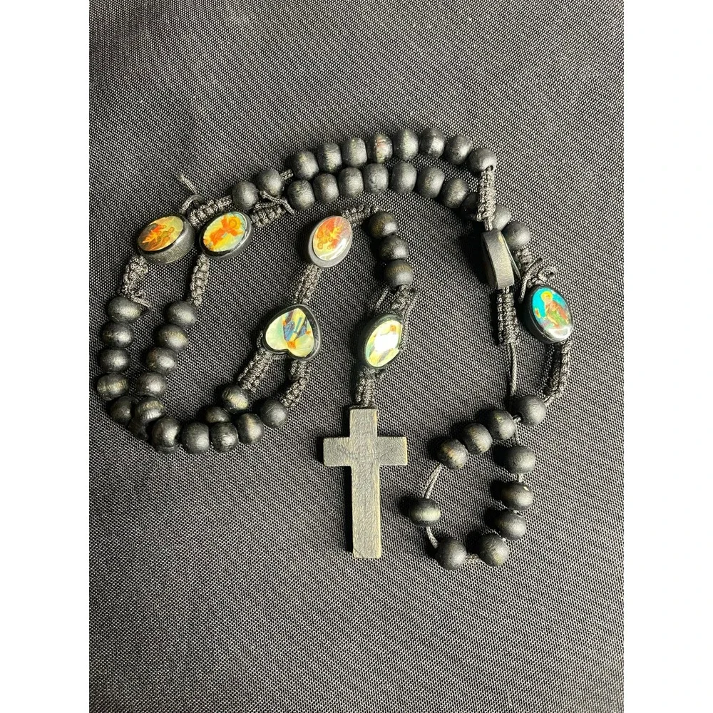 Black Wood Bead Rosary Necklace with Saint Icons and Crucifix Cross Pendant